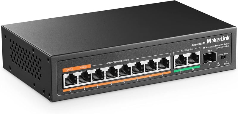 MokerLink 11 Portos Gigabit PoE Switch - 8 PoE+ Port, 2 Gigabit Uplink, 1 SFP Port, 120W AI Felismerés, QoS, Plug & Play Hálózati Switch