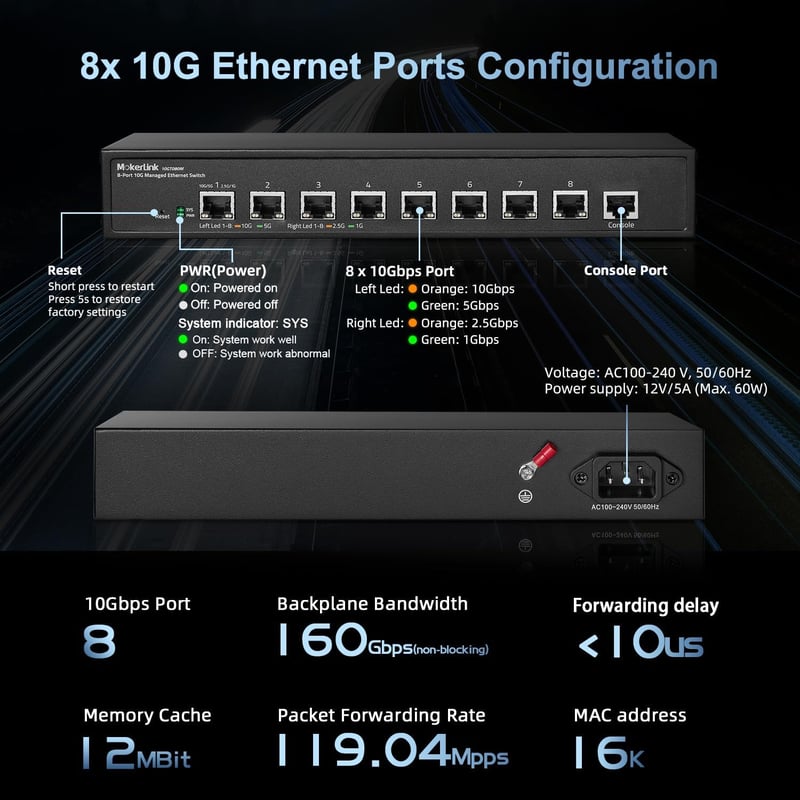 MokerLink 8 portos 10G menedzselt hálózati switch, asztali/rack
