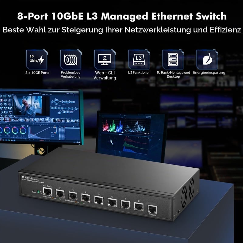MokerLink 8 portos 10G menedzselt hálózati switch, asztali/rack