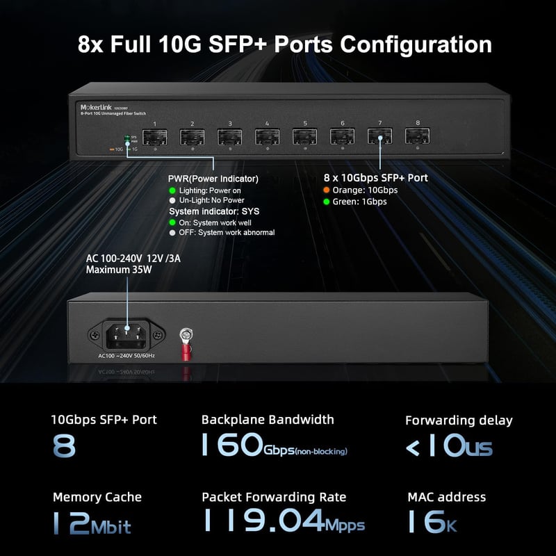 MokerLink 8 portos 10G SFP+ nem felügyelt száloptikai hálózati kapcsoló