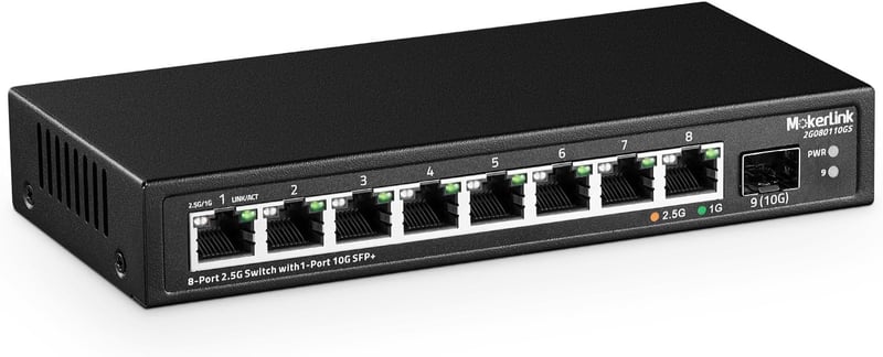 MokerLink 8 Portos 2.5 Gigabit Ethernet Switch 10G SFP Porttal - Fém, Ventilátor Nélküli Hálózati Elosztó, Kompatibilis 10/100/1000Mbps