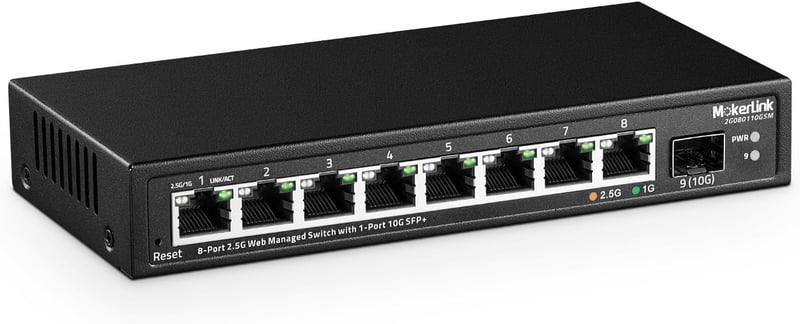 MokerLink 8 Portos 2.5 Gigabit Menedzselhető Switch 10G SFP+ Porttal - Kompakt Fém Hálózati Elosztó Ventilátor Nélkül, 10/100/1000Mbps Kompa