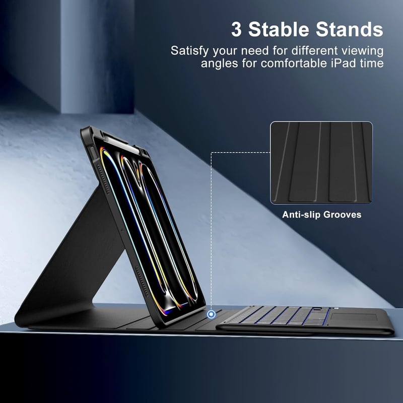 MoKo Billentyűzetes Tok iPad Pro 13 Hüvelyk 2024/2025 Vezeték Nélküli Billentyűzet Ceruza Tartó Trackpad 7 Színű Háttérvilágítás Fekete