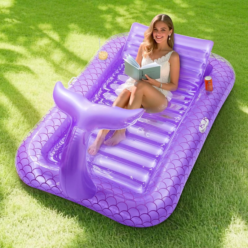 Saltea gonflabilă pentru piscină MoKo, 210x128 cm, Model Frunze Albastre, cu suport pentru băuturi, pentru petreceri în grădină și relaxare pe plajă