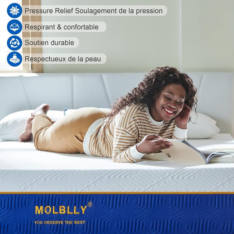 Molblly Memory Foam Matrac 90x190 cm - Közepes Keménységű, Légáteresztő, Hipoallergén, Összetekerhető Habszivacs Ágymatrac Kék Pamuthuzattal