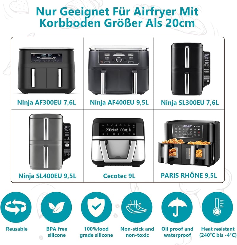 Moleath Forrólevegős Sütő Tartozék Szett 23cm Szilikon Forma Ninja Foodi AF300EU AF400EU Cecotec 9L Dual Zone Kompatibilis - für Ninja AF300EU AF400EU, Cecotec 9L
