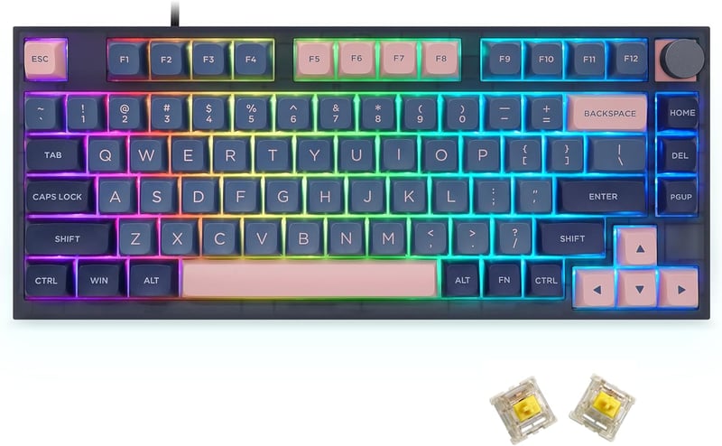 MOLGRIA SKYLOONG GK75 75-Gombos RGB Háttérvilágítású Gamer Billentyűzet Kék-Rózsaszín PBT Keycapekkel, Cserélhető Gateron Sárga Kapcsolókkal