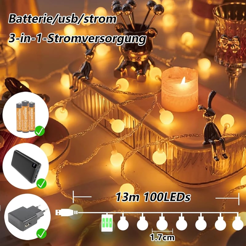 Molicar LED Fényfüzér 13m 100 LED Kültéri Beltéri 3in1 Tápellátás USB Elem Hálózat 8 Mód Timer Meleg Fehér Kert Erkély