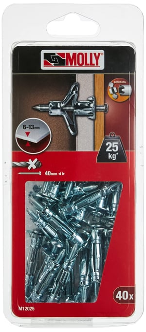 Samovrtná hmoždinka do sadrokartónu Molly M12025-XJ so skrutkou M4 4x35 mm, sivá - 40 ks