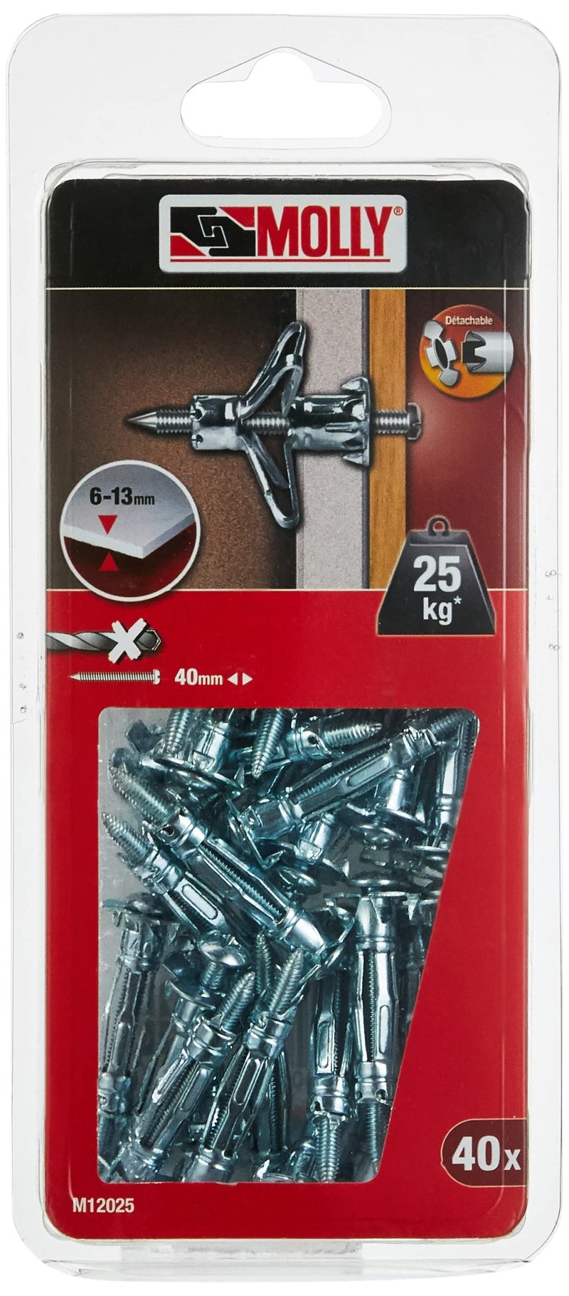Samovrtná hmoždinka do sadrokartónu Molly M12025-XJ so skrutkou M4 4x35 mm, sivá - 40 ks