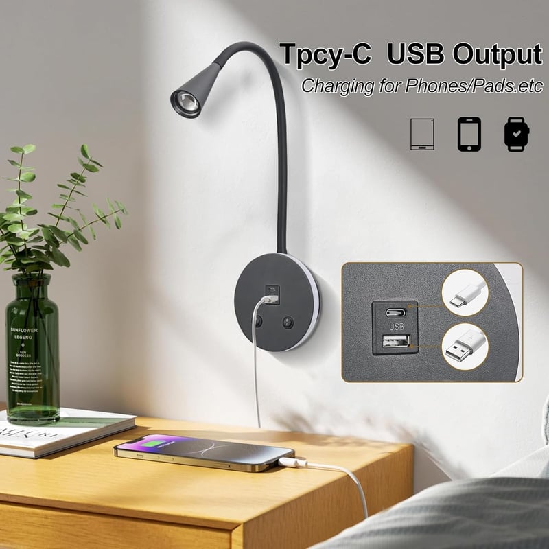 MOLUOLA LIGHTING LED olvasólámpa flexibilis nyakkal, USB töltéssel, falra szerelhető
