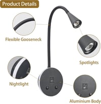 MOLUOLA LIGHTING LED olvasólámpa flexibilis nyakkal, USB töltéssel, falra szerelhető 6