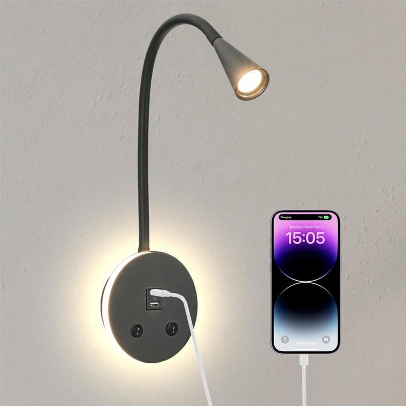 MOLUOLA LIGHTING LED olvasólámpa flexibilis nyakkal, USB töltéssel, falra szerelhető
