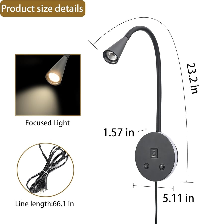 MOLUOLA LIGHTING LED olvasólámpa flexibilis nyakkal, USB töltéssel, falra szerelhető