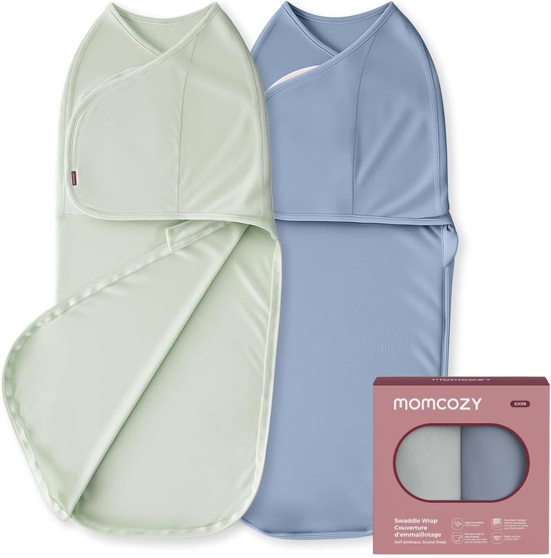 Sac de dormit pentru bebeluși Momcozy cu închidere silențioasă, 0-3 luni, reduce reflexul Moro, 2 bucăți, albastru și verde