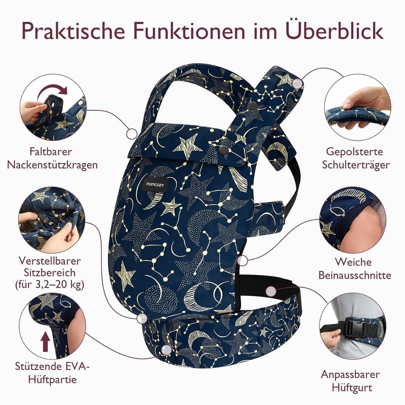 Momcozy Ergonomikus Babahordozó - 3-20 kg, Könnyű, Kényelmes, Csillagos Éjszaka Mintával, Szabadkezes Szülőséghez, Egyszerű Használat
