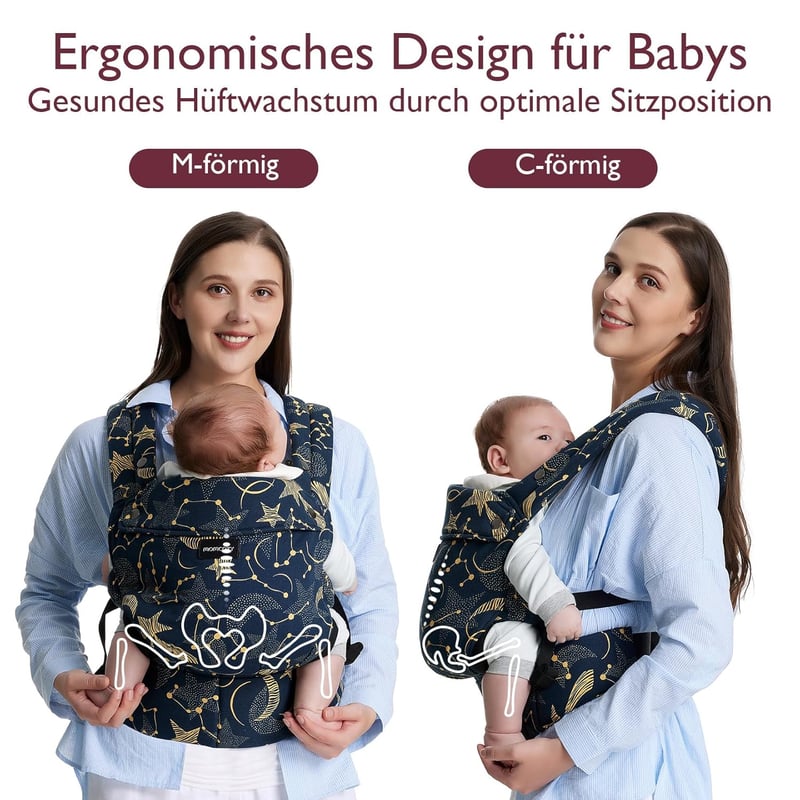 Momcozy Ergonomikus Babahordozó - 3-20 kg, Könnyű, Kényelmes, Csillagos Éjszaka Mintával, Szabadkezes Szülőséghez, Egyszerű Használat