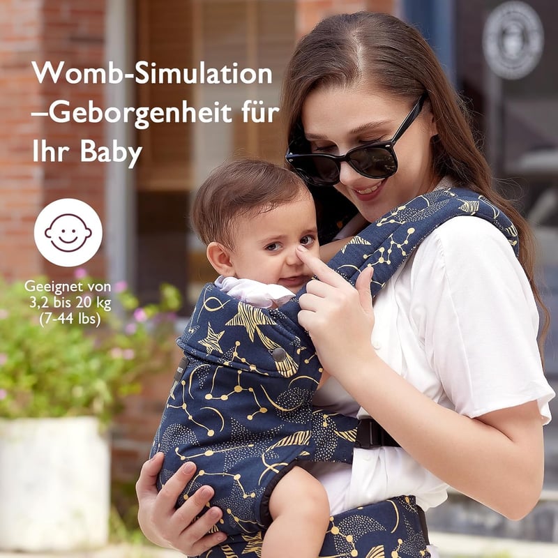 Momcozy Ergonomikus Babahordozó - 3-20 kg, Könnyű, Kényelmes, Csillagos Éjszaka Mintával, Szabadkezes Szülőséghez, Egyszerű Használat