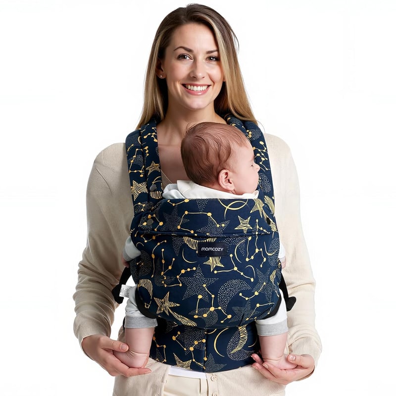 Momcozy Ergonomikus Babahordozó - 3-20 kg, Könnyű, Kényelmes, Csillagos Éjszaka Mintával, Szabadkezes Szülőséghez, Egyszerű Használat