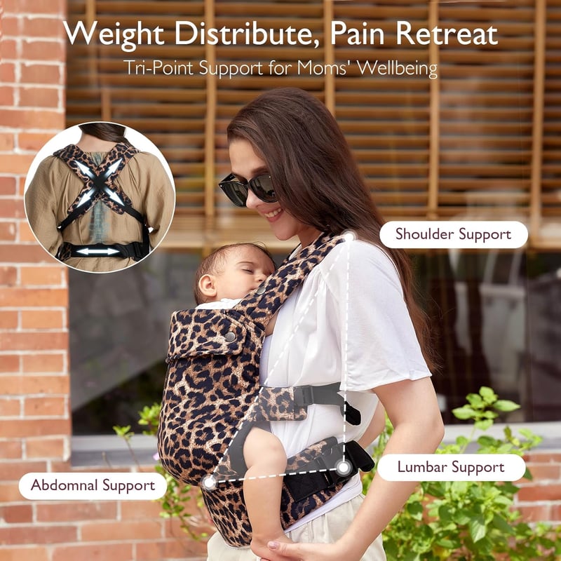 Momcozy Ergonomikus Hordozó 3-20 kg-ig, Lélegző Leopard Mintás Babahordozó