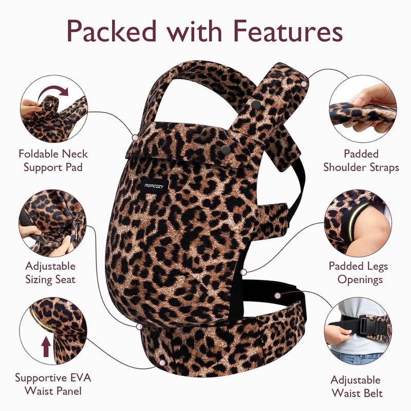 Momcozy Ergonomikus Hordozó 3-20 kg-ig, Lélegző Leopard Mintás Babahordozó