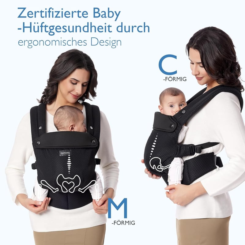 Momcozy Légáteresztő Háló Babahordozó - Ergonomikus, Könnyű Kenguru 3-20 kg Babáknak, Deréktámasszal, Kényelmes Egész Napos Hordozáshoz, Fek