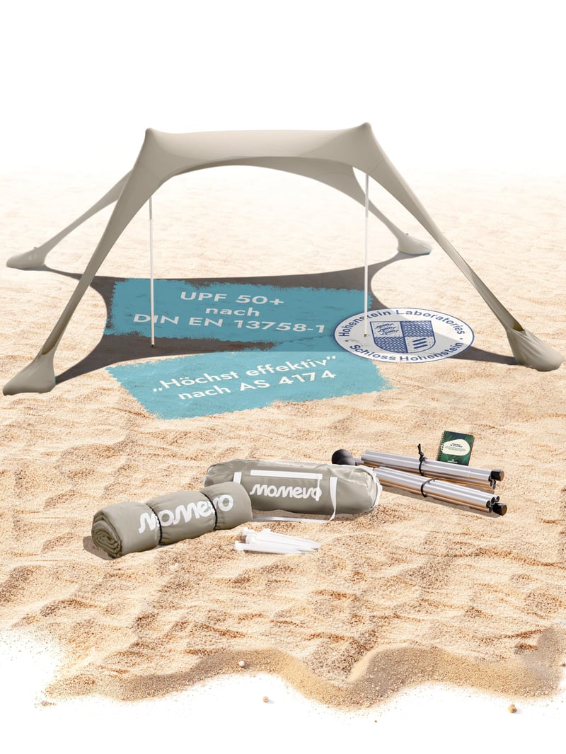 Cort de plajă Momevo Sunsail cu 2 bețe, protecție UV UPF 50+, culoare nisip, cort de protecție solară ideal pentru plajă