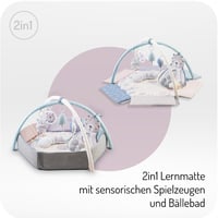Detská hracia deka MoMi PASTEL 3 v 1 s hrazdičkou, 2 oblúky, guľôčkový bazén, 5 hračiek, 20 loptičiek s taškou, vankúšik na pasenie koníkov 4