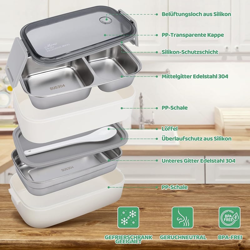 momii Prémium Rozsdamentes Acél Ebéd Doboz Felnőtteknek és Gyerekeknek - Bento Box Rekeszekkel, Hordtáskával és Evőeszközökkel, 800ml, Fehér