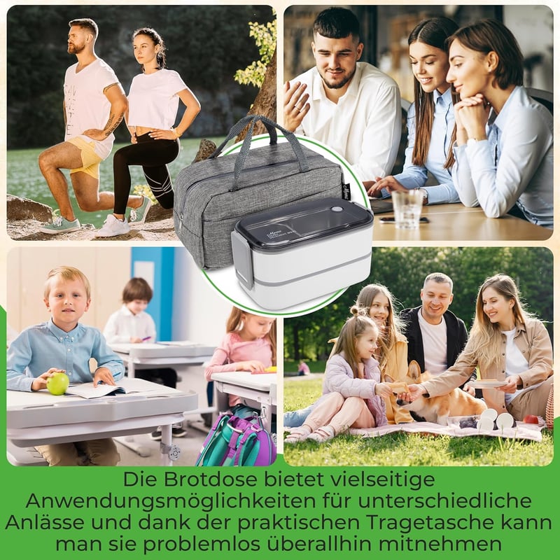 momii Prémium Rozsdamentes Acél Ebéd Doboz Felnőtteknek és Gyerekeknek - Bento Box Rekeszekkel, Hordtáskával és Evőeszközökkel, 800ml, Fehér