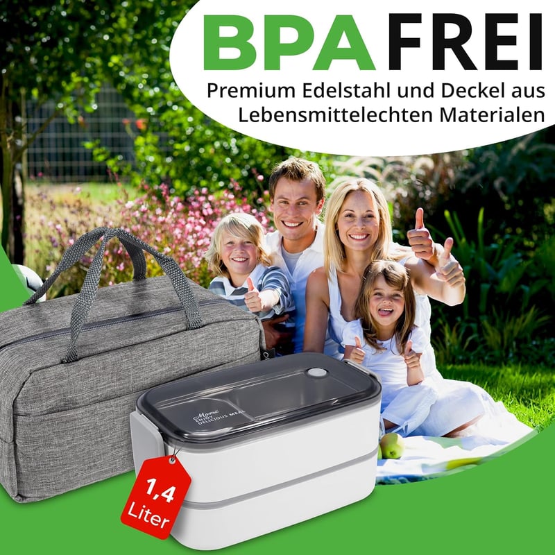 momii Prémium Rozsdamentes Acél Ebéd Doboz Felnőtteknek és Gyerekeknek - Bento Box Rekeszekkel, Hordtáskával és Evőeszközökkel, 800ml, Fehér
