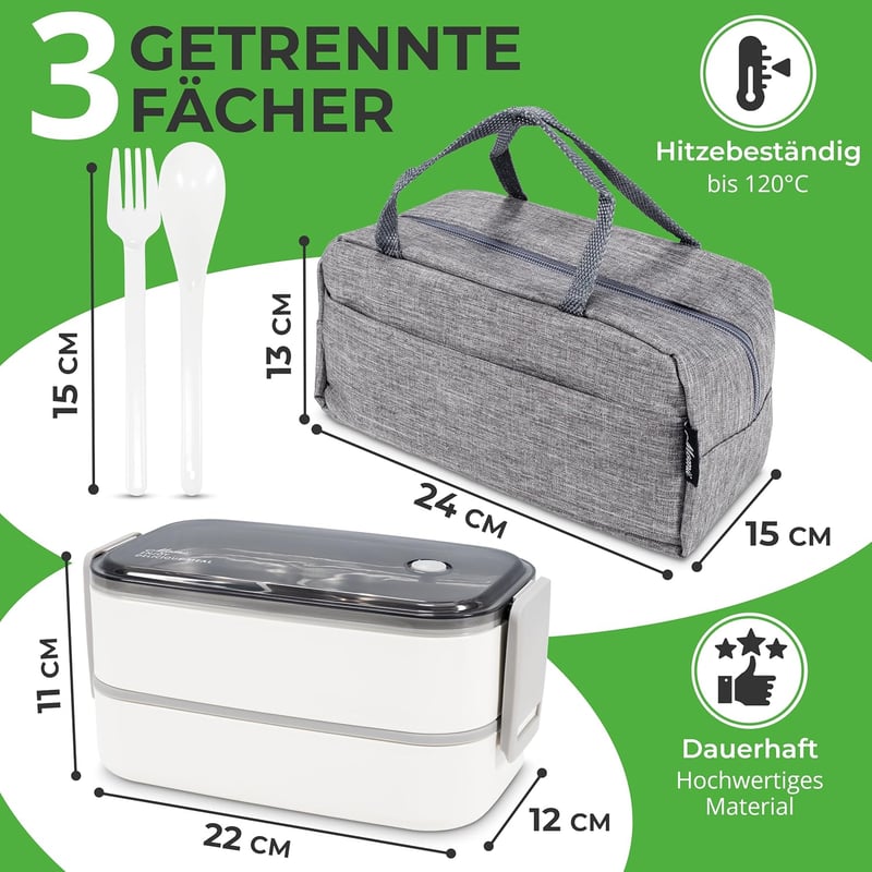 momii Prémium Rozsdamentes Acél Ebéd Doboz Felnőtteknek és Gyerekeknek - Bento Box Rekeszekkel, Hordtáskával és Evőeszközökkel, 800ml, Fehér