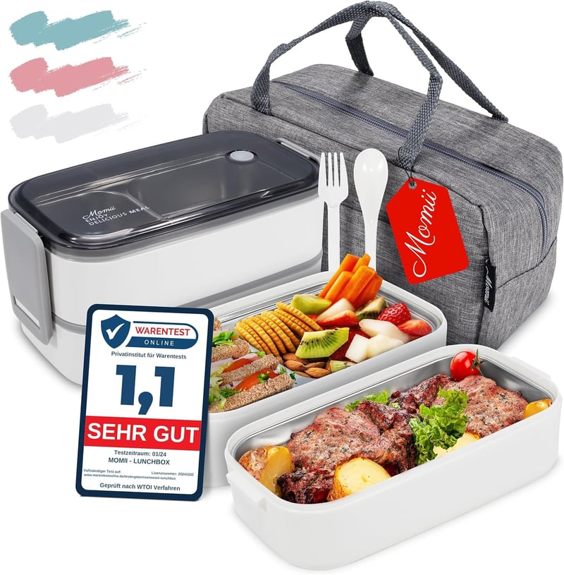 momii Prémium Rozsdamentes Acél Ebéd Doboz Felnőtteknek és Gyerekeknek - Bento Box Rekeszekkel, Hordtáskával és Evőeszközökkel, 800ml, Fehér