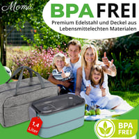 momii Rozsdamentes Acél Ételhordó 1,4L - Felnőtt Bento Doboz 4 Rekesszel, Kézi Mosású, BPA-mentes, Kék Színben 2