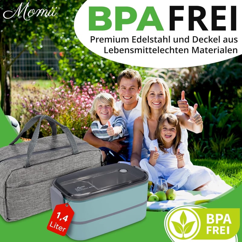 momii Rozsdamentes Acél Ételhordó 1,4L - Felnőtt Bento Doboz 4 Rekesszel, Kézi Mosású, BPA-mentes, Kék Színben