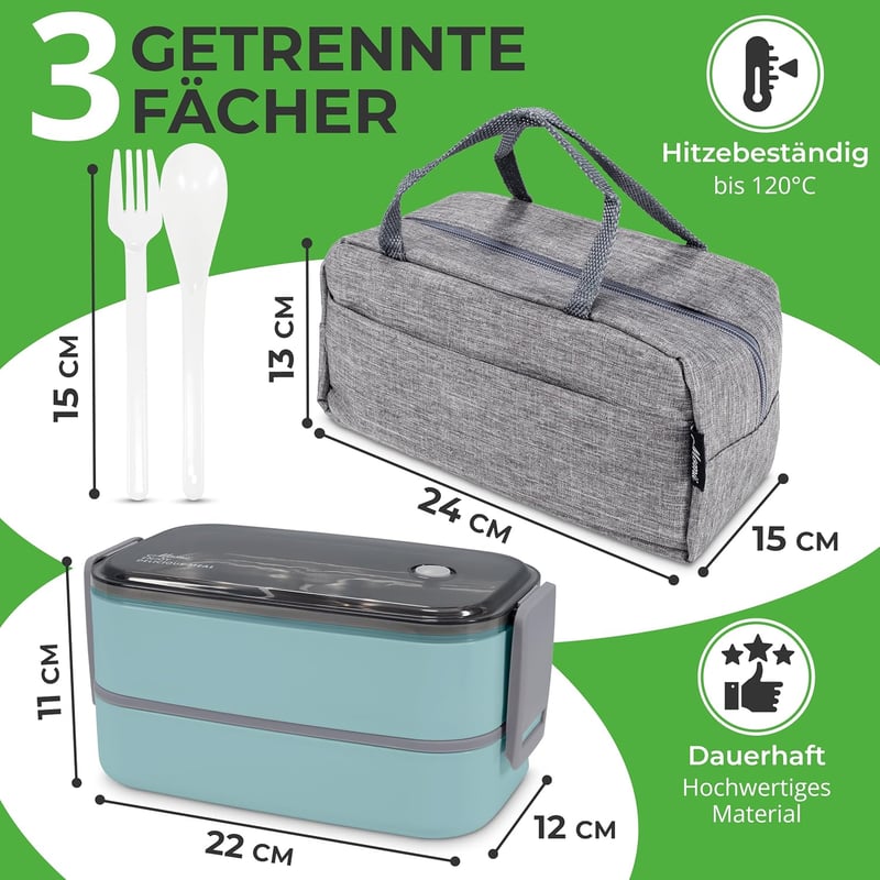 momii Rozsdamentes Acél Ételhordó 1,4L - Felnőtt Bento Doboz 4 Rekesszel, Kézi Mosású, BPA-mentes, Kék Színben