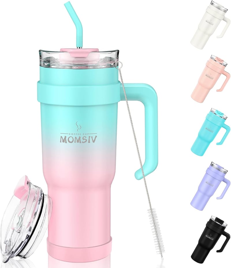 MOMSIV 1100ml Termikus Bögre Szívószállal, Dupla Falú Rozsdamentes Acél Vákuum Izolált Kávés Pohár, Zöld/Rózsaszín