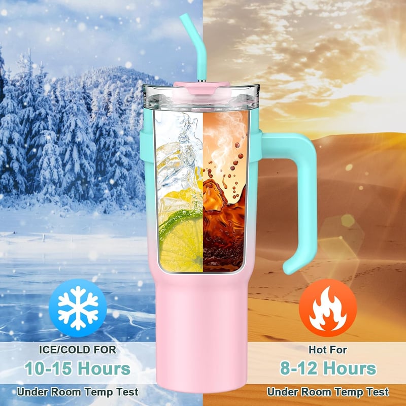 MOMSIV 1100ml Termikus Bögre Szívószállal, Dupla Falú Rozsdamentes Acél Vákuum Izolált Kávés Pohár, Zöld/Rózsaszín