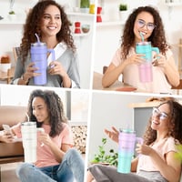 MOMSIV 1100ml Termikus Bögre Szívószállal, Dupla Falú Rozsdamentes Acél Vákuum Izolált Kávés Pohár, Zöld/Rózsaszín 7