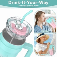 MOMSIV 1100ml Termikus Bögre Szívószállal, Dupla Falú Rozsdamentes Acél Vákuum Izolált Kávés Pohár, Zöld/Rózsaszín 4