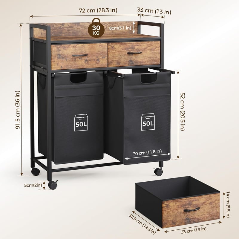Mondeer 2 rekeszes szennyesgyűjtő polccal és fiókokkal 100L vintage barna