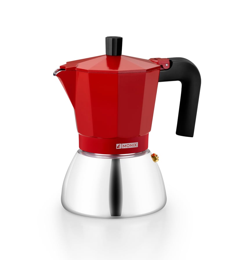 Indukčný kávovar Monix Induction Inox, 9 šálok, červený, nehrdzavejúca oceľ, talianska moka kanvička