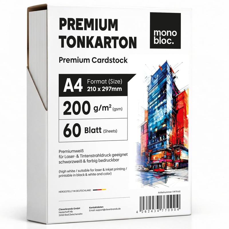 Hârtie Monobloc Premium Alb Mat A4 200g/m² – 60 coli, pentru imprimare față-verso, pentru imprimante laser și inkjet