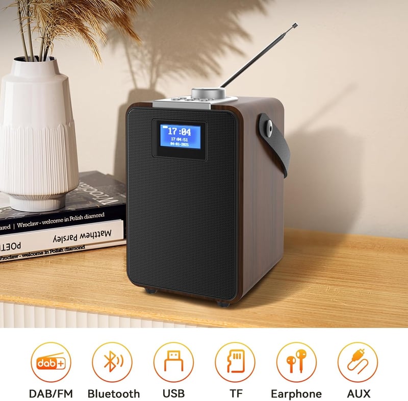 MONODEAL DAB+ Rádió Bluetooth-al, Kettős Ébresztőóra, Újratölthető Konyhai Rádió - wood-coloured