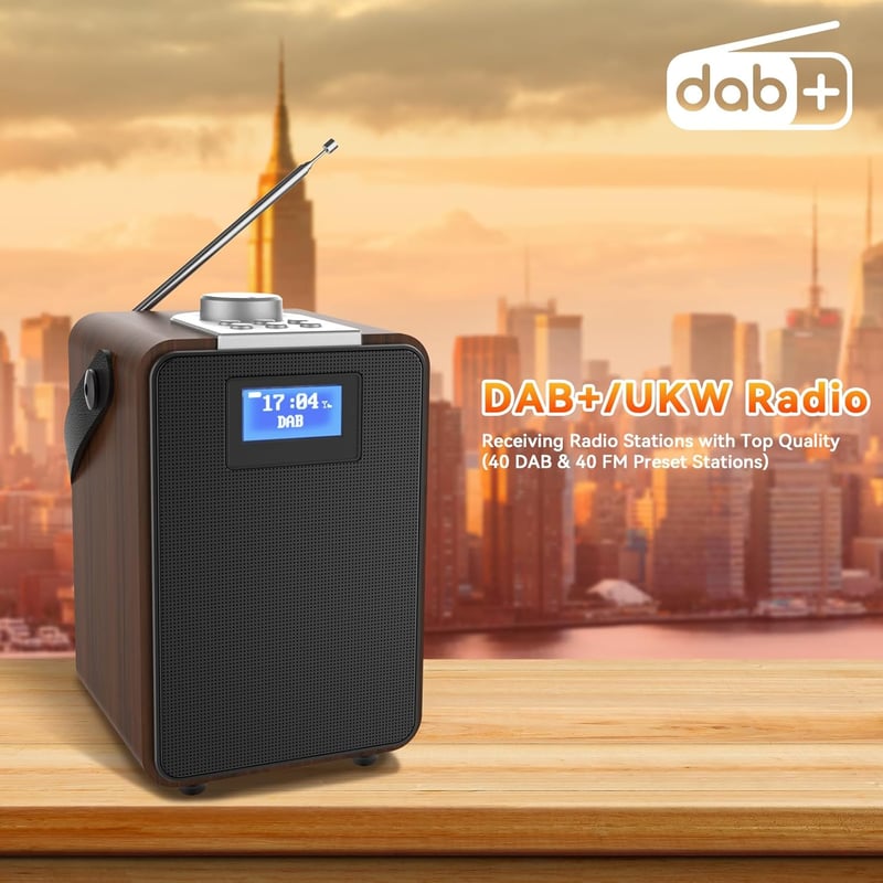 MONODEAL DAB+ Rádió Bluetooth-al, Kettős Ébresztőóra, Újratölthető Konyhai Rádió - wood-coloured
