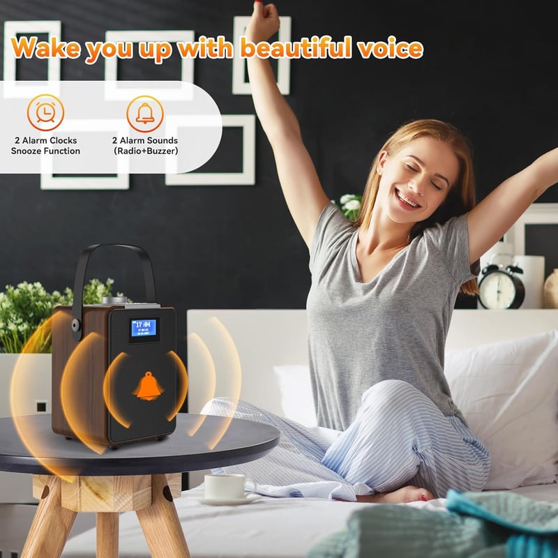 MONODEAL DAB+ Rádió Bluetooth-al, Kettős Ébresztőóra, Újratölthető Konyhai Rádió - wood-coloured
