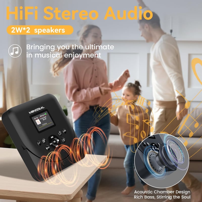 MONODEAL Hordozható CD Lejátszó Bluetooth, TFT Kijelzővel, Újratölthető, FM Adóval és Hangszóróval - black