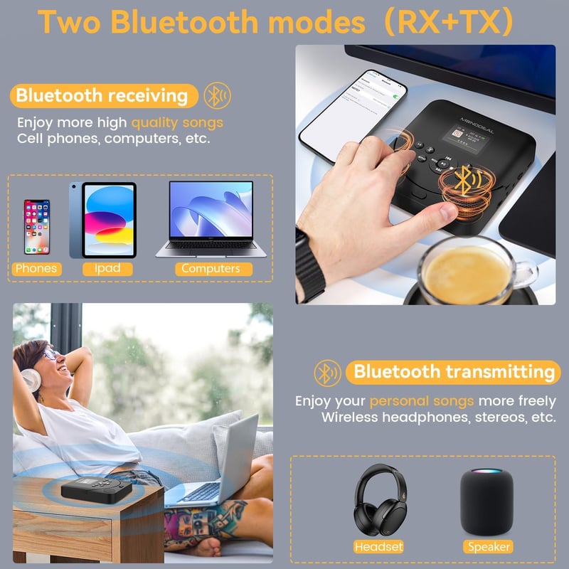 MONODEAL Hordozható CD Lejátszó Bluetooth, TFT Kijelzővel, Újratölthető, FM Adóval és Hangszóróval - black