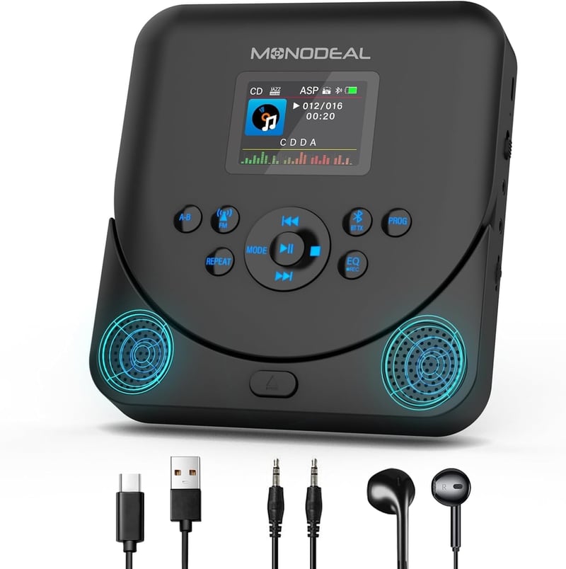 MONODEAL Hordozható CD Lejátszó Bluetooth, TFT Kijelzővel, Újratölthető, FM Adóval és Hangszóróval - black