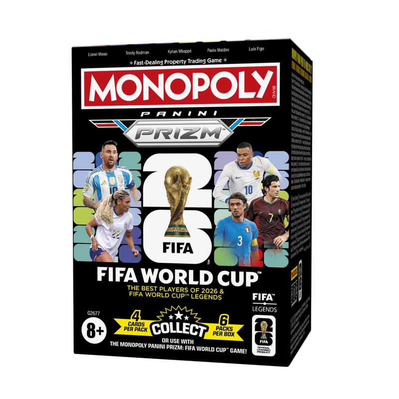 Monopoly Panini Prizm FIFA World Cup zberateľské kartičky – Booster Box, súčasné hviezdy a legendy, darček pre futbalových fanúšikov